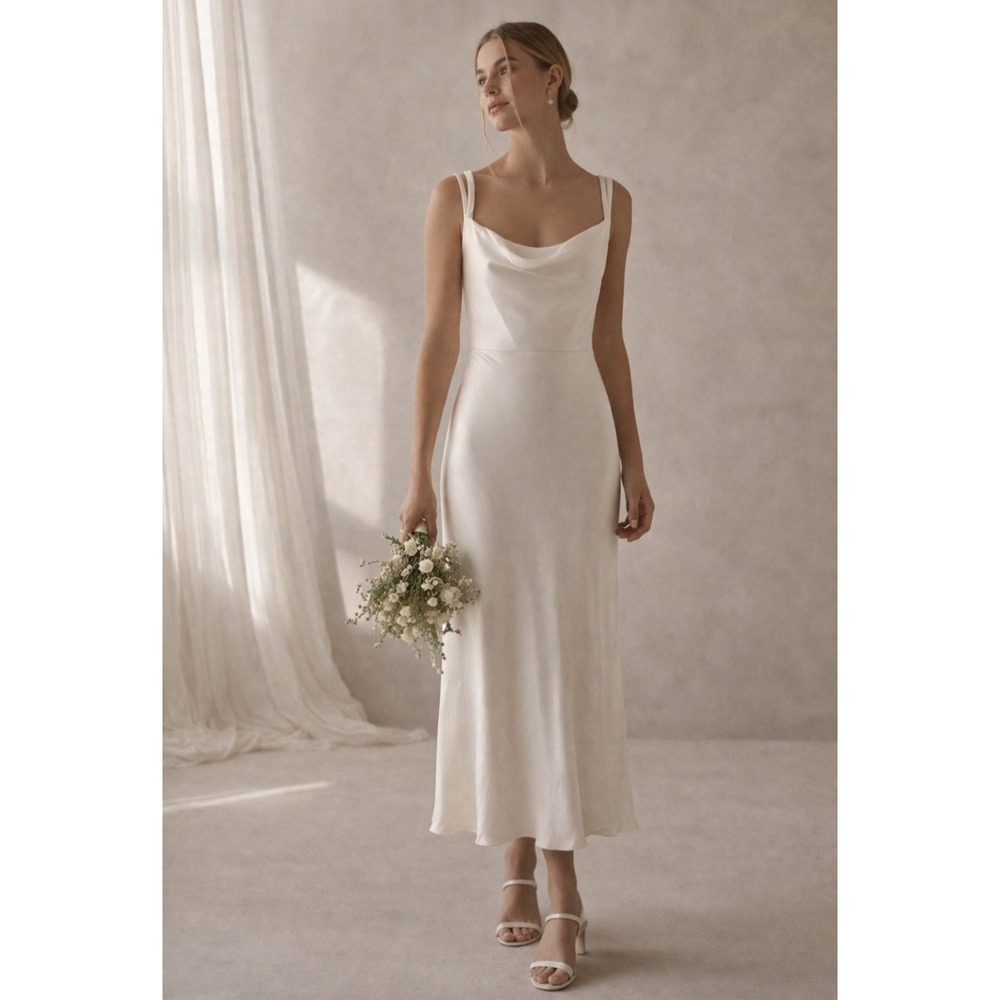 NEW! Jenny Yoo Satin Midi Dress Size 6 Cowl Neck Bridal Slip Wedding Minimalist